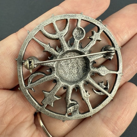 Vintage JJ Jonette Signed Celestial Brooch Pin Pewter Gold Tone Sun Moon Stars - Picture 6 of 6